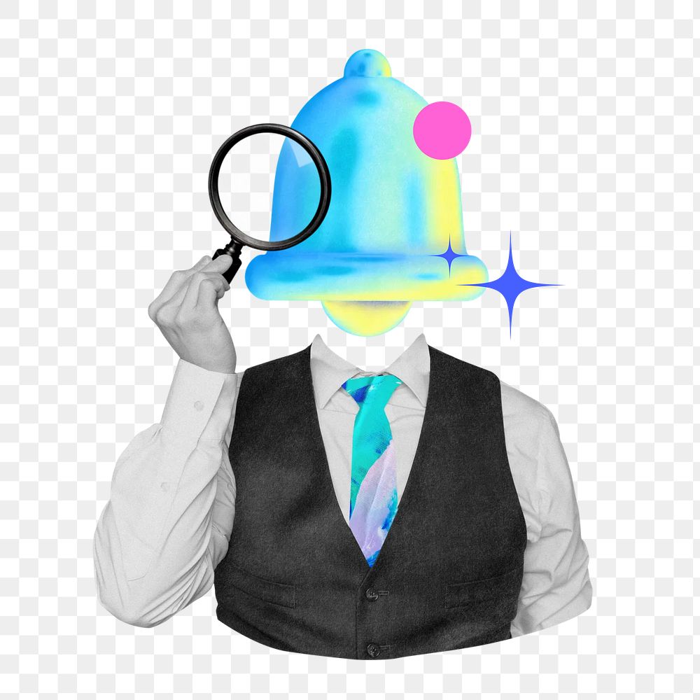 PNG gradient notification bell head business man collage remix, transparent background