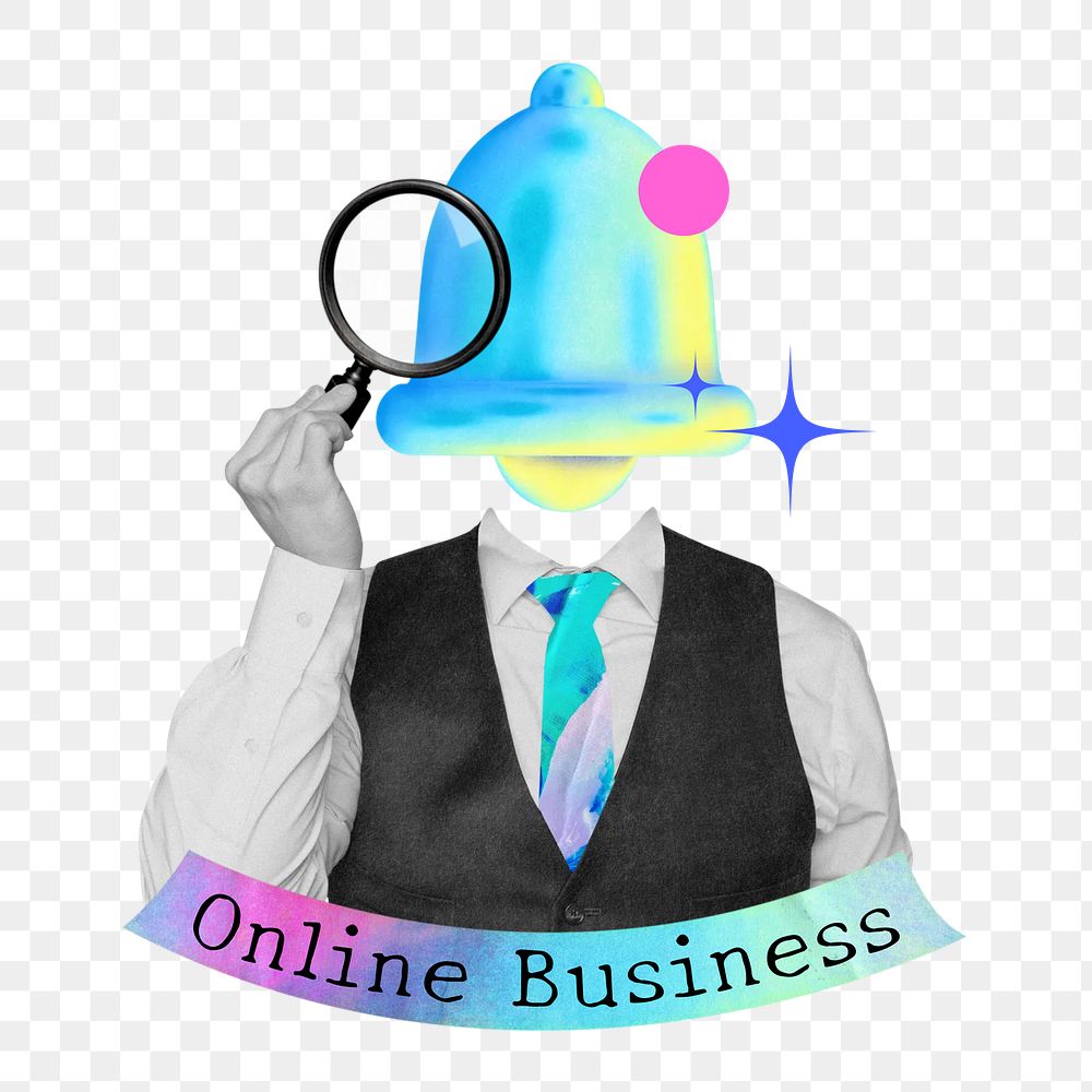 Online business word png bell head man collage remix, transparent background