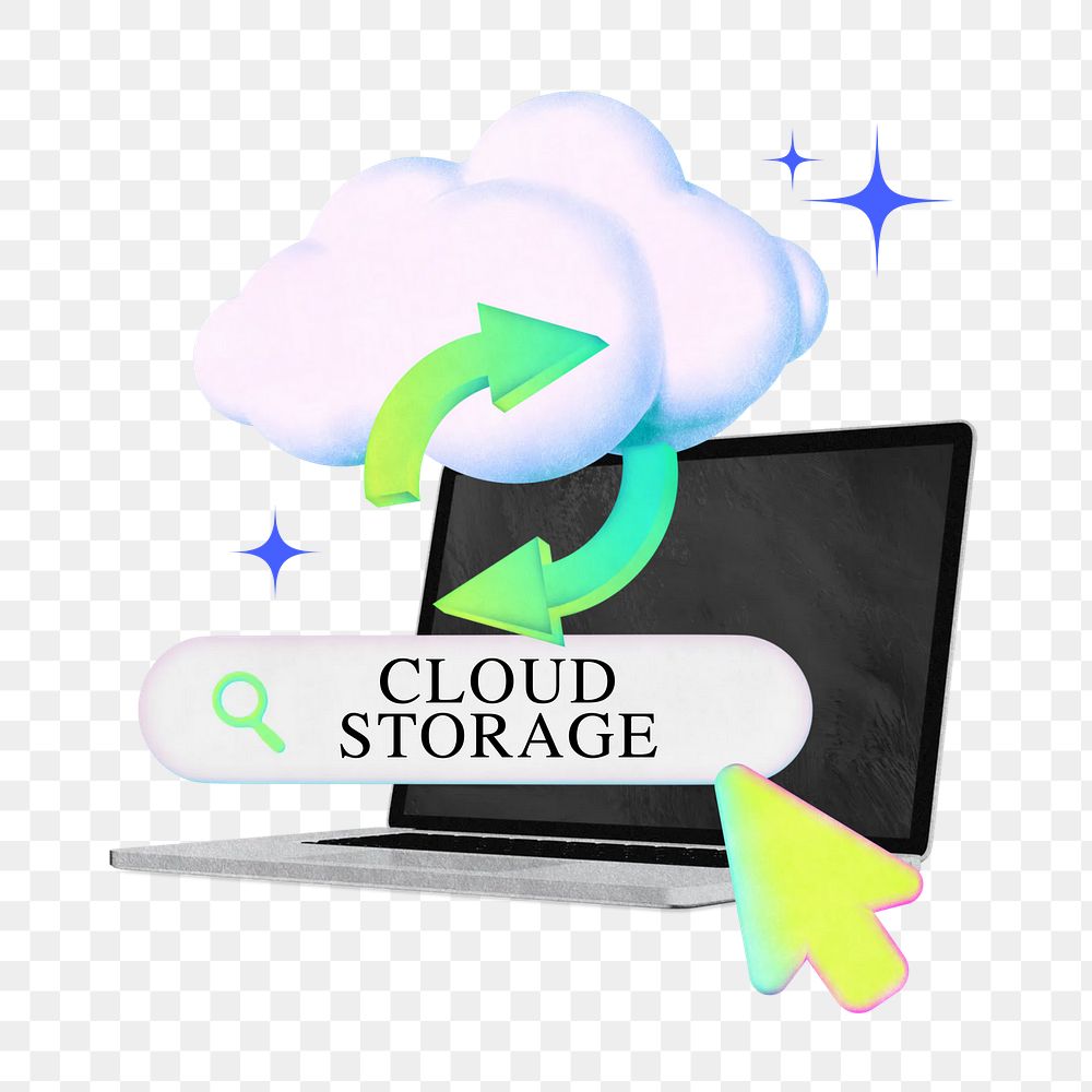 Cloud storage png word gradient holographic collage remix, transparent background