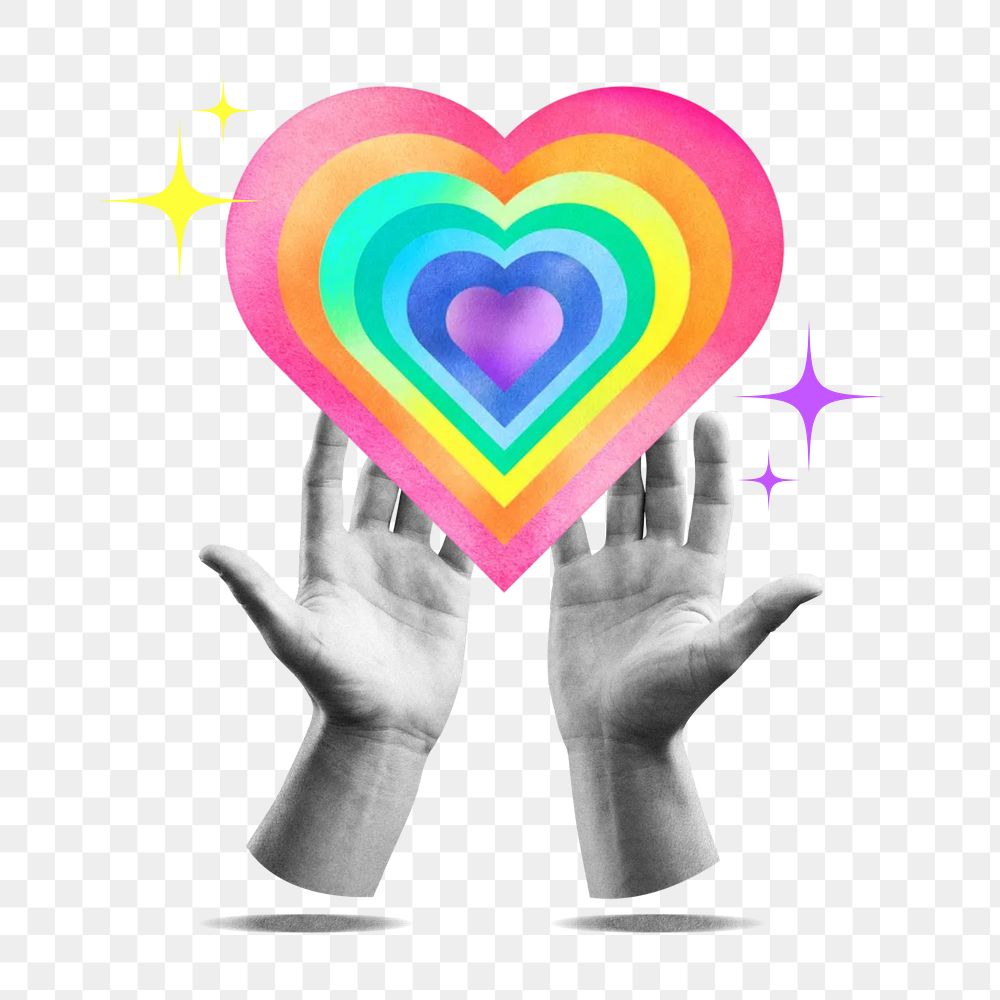 LGBTQ support png, hands cupping rainbow heart, transparent background