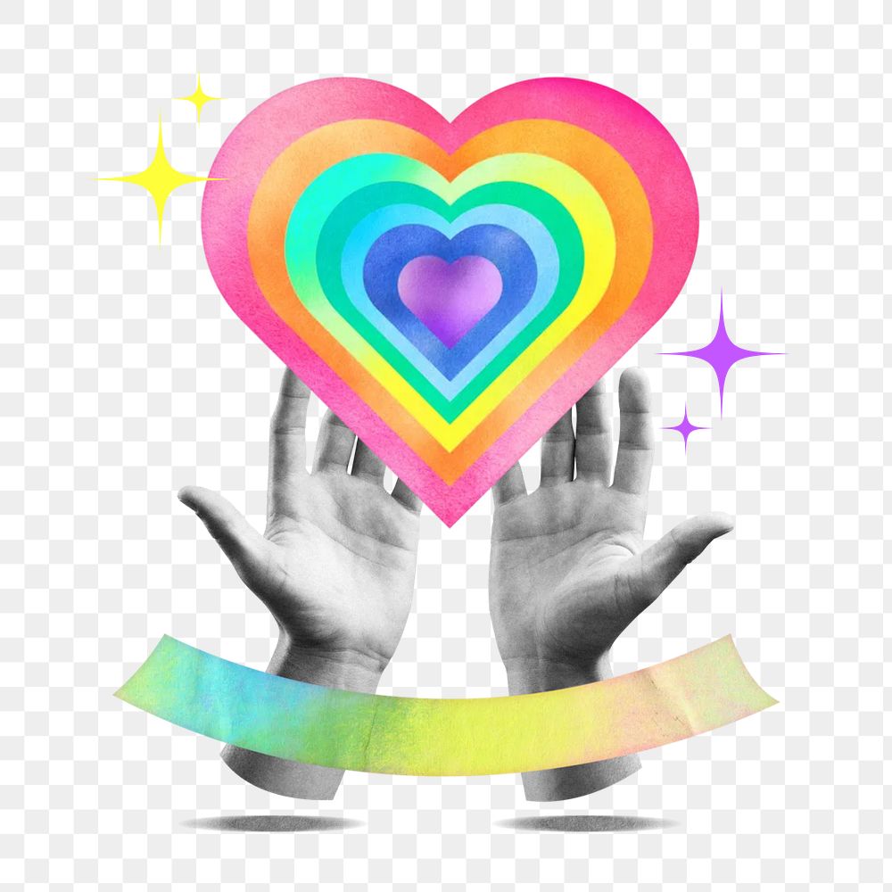 LGBTQ support png, hands cupping rainbow heart, transparent background