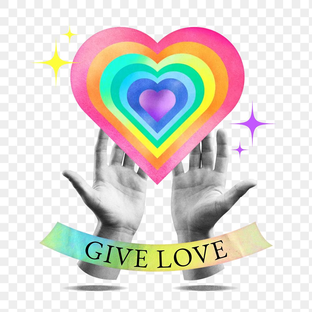 Give love word png rainbow heart collage remix, transparent background