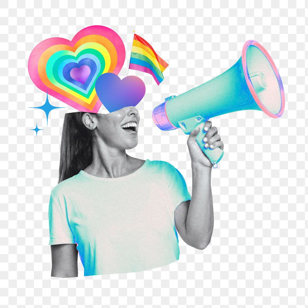 LGBTQ gay pride png, woman holding megaphone remix, transparent background