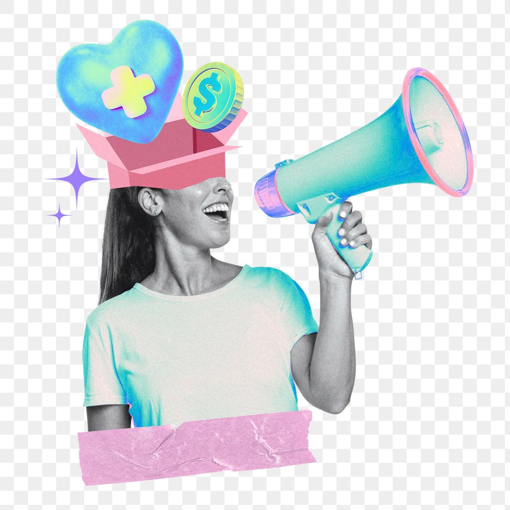 Health donation png, woman holding megaphone remix, transparent background