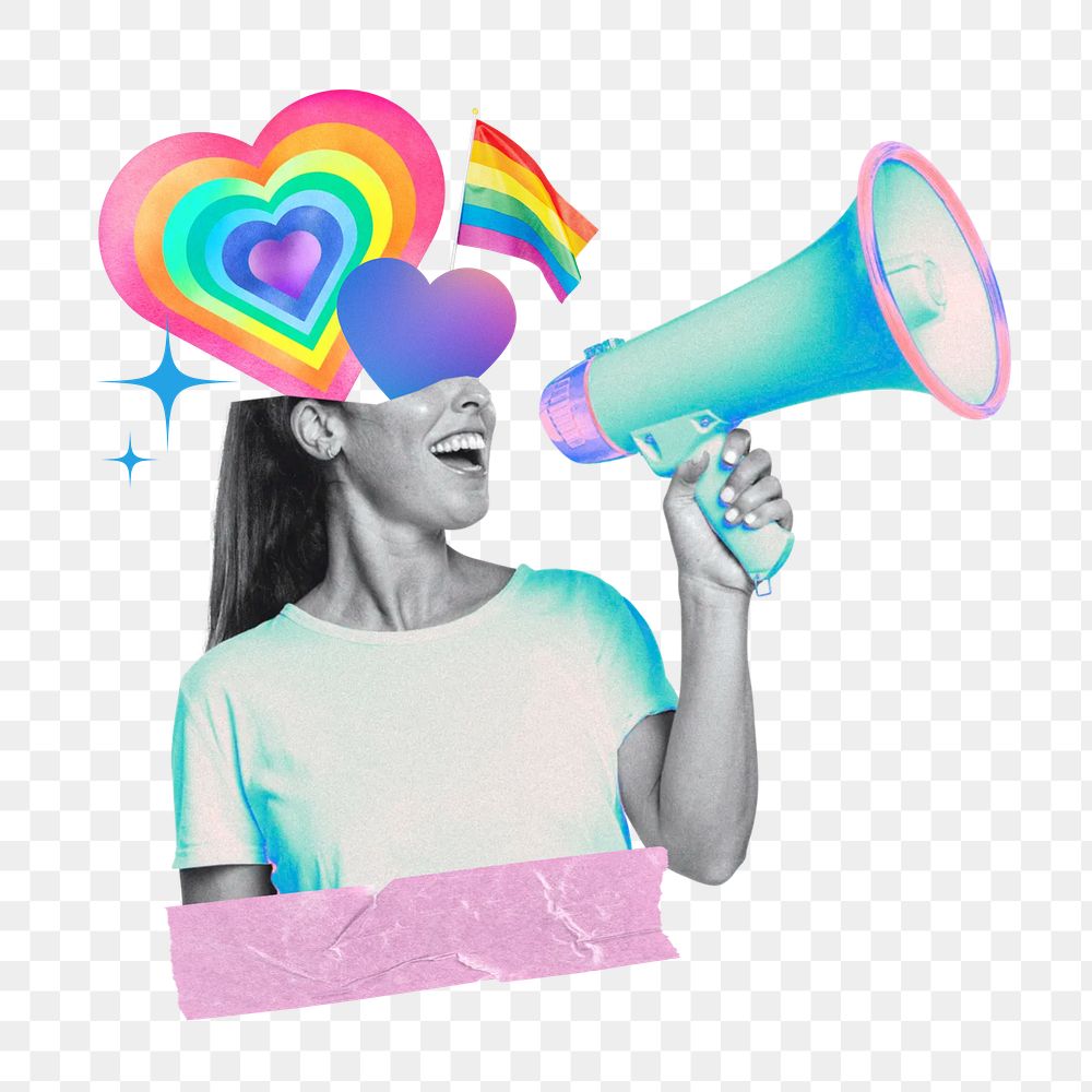 LGBTQ gay pride png, woman holding megaphone remix, transparent background