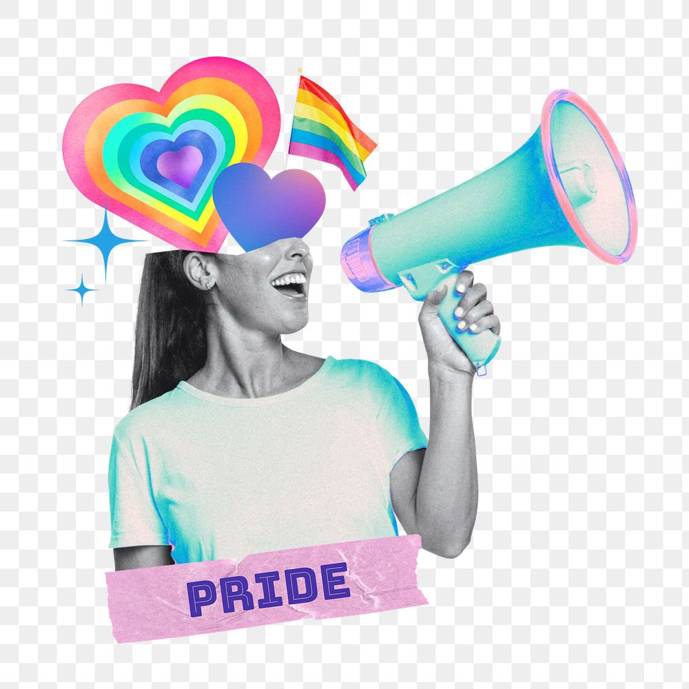 Pride word png LGBTQ+ support collage remix, transparent background