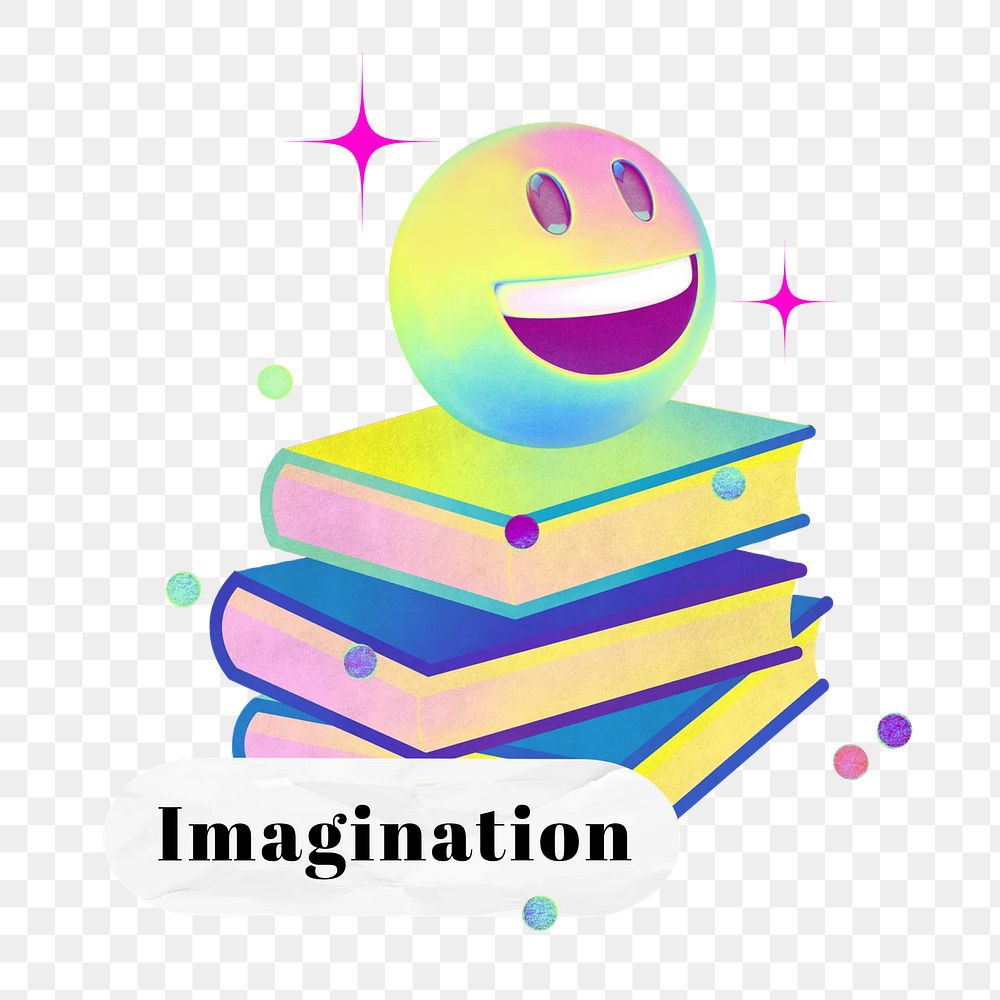 Imagination word png stack of books collage remix, transparent background