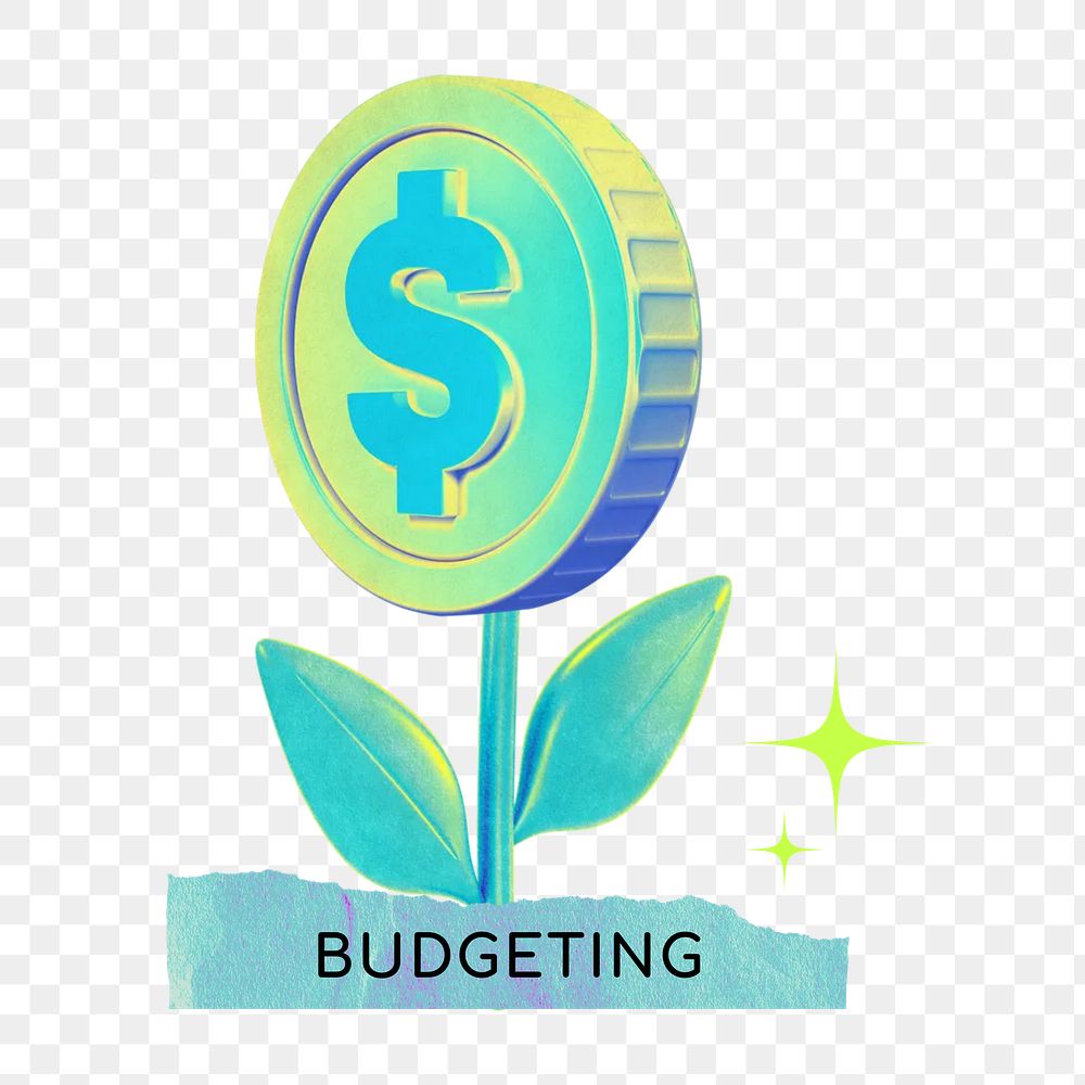 Budgeting word png coin tree collage remix, transparent background