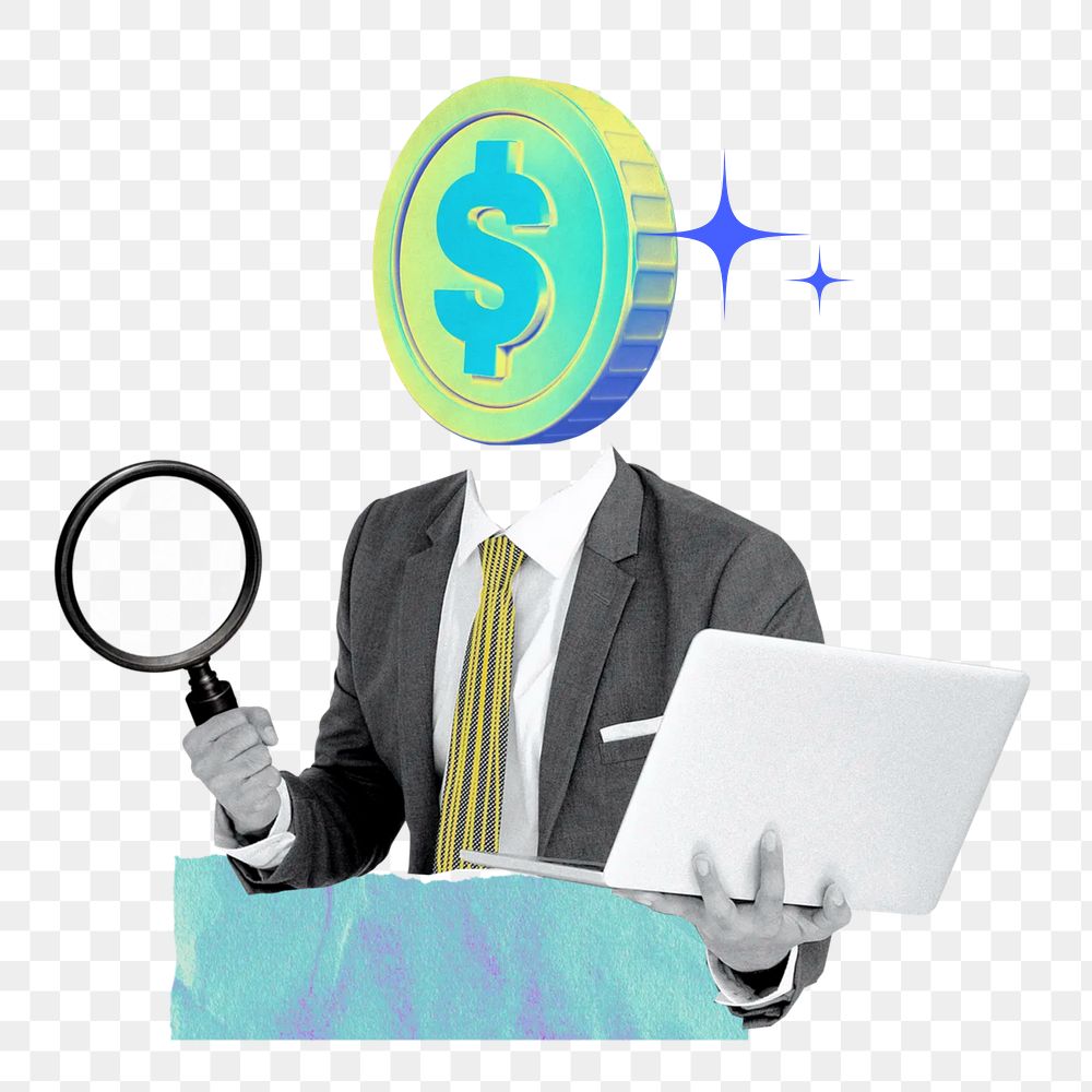 Money-head businessman png financial collage remix, transparent background