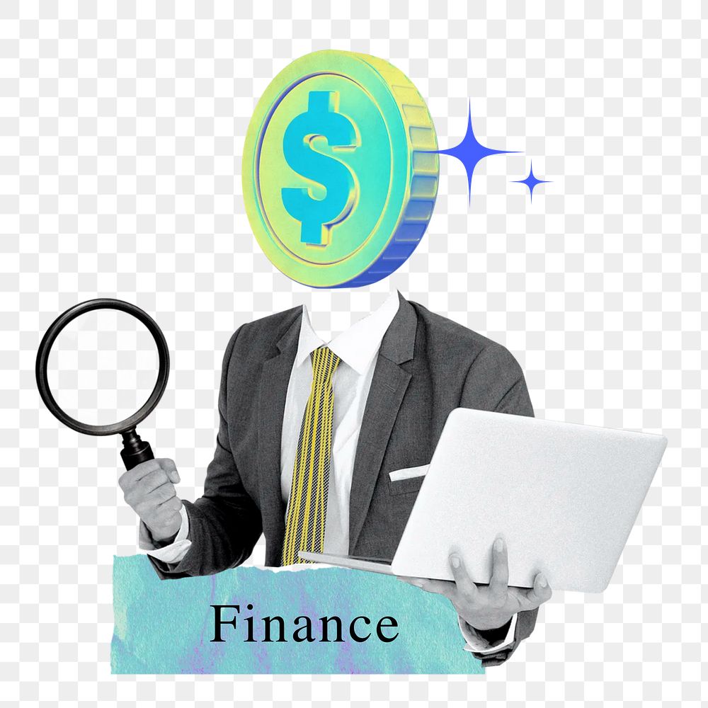 Finance word png money-head businessman collage remix, transparent background