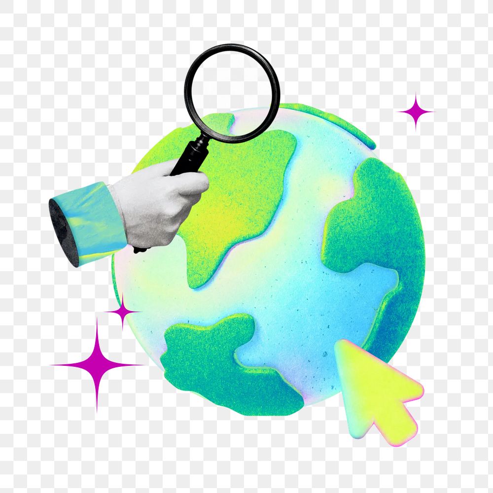 Globe & hand png holding magnifying glass remix, transparent background