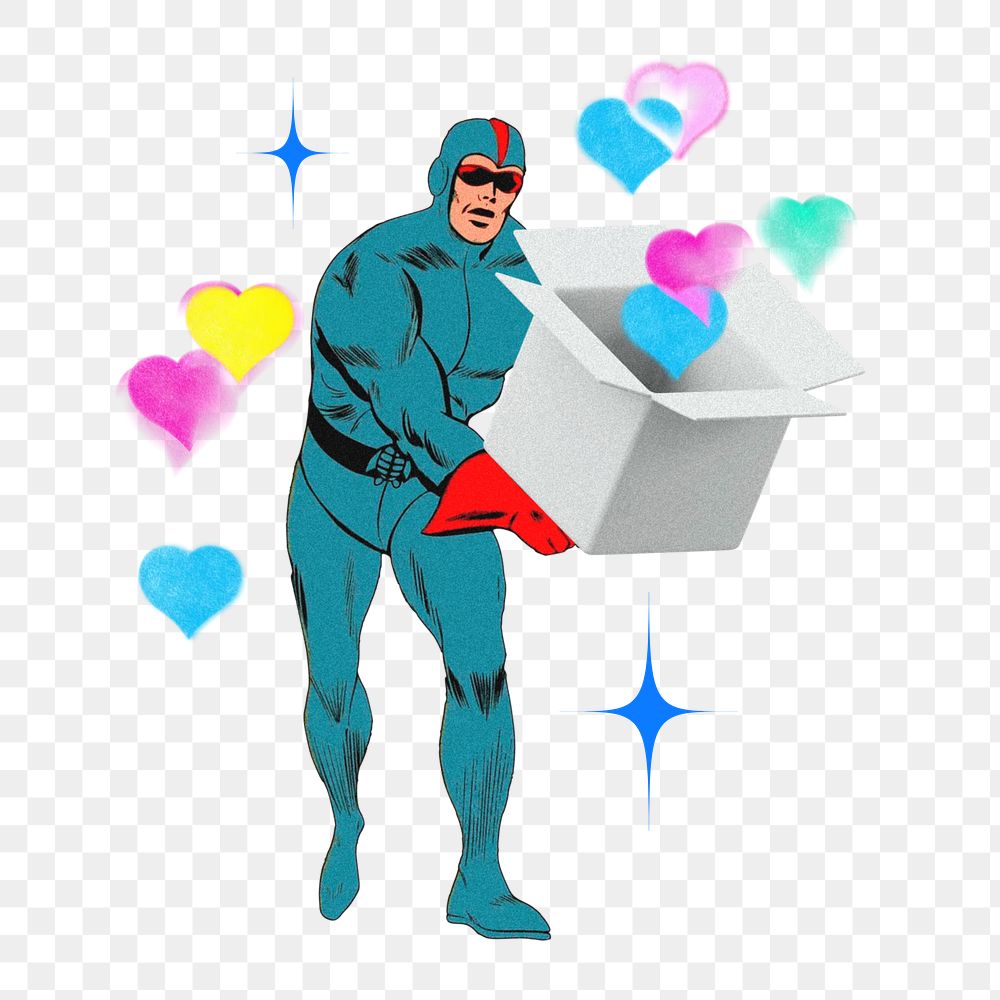 Superhero png collecting hearts with a box, health remix, transparent background