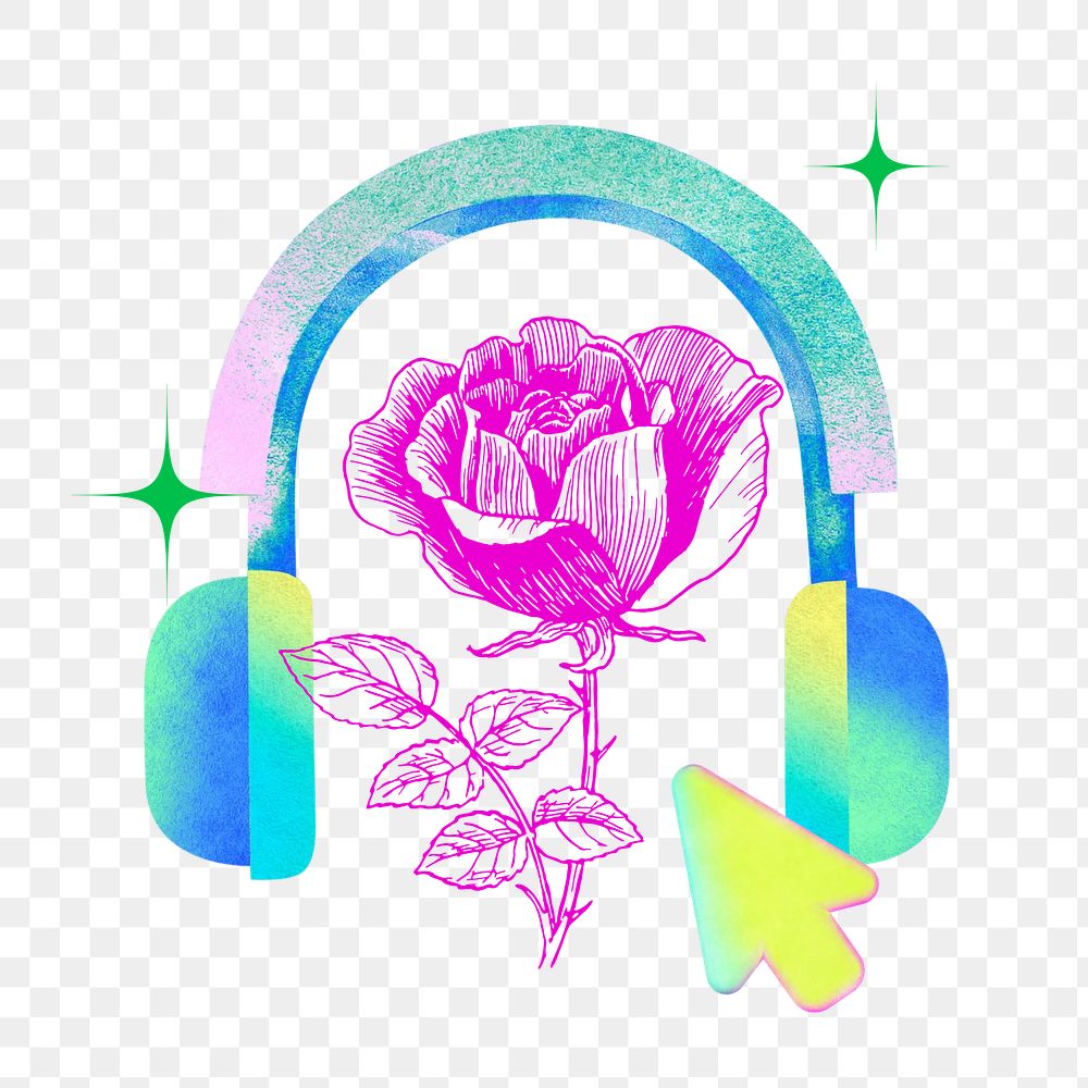 Colorful floral png headphones, music remix, transparent background