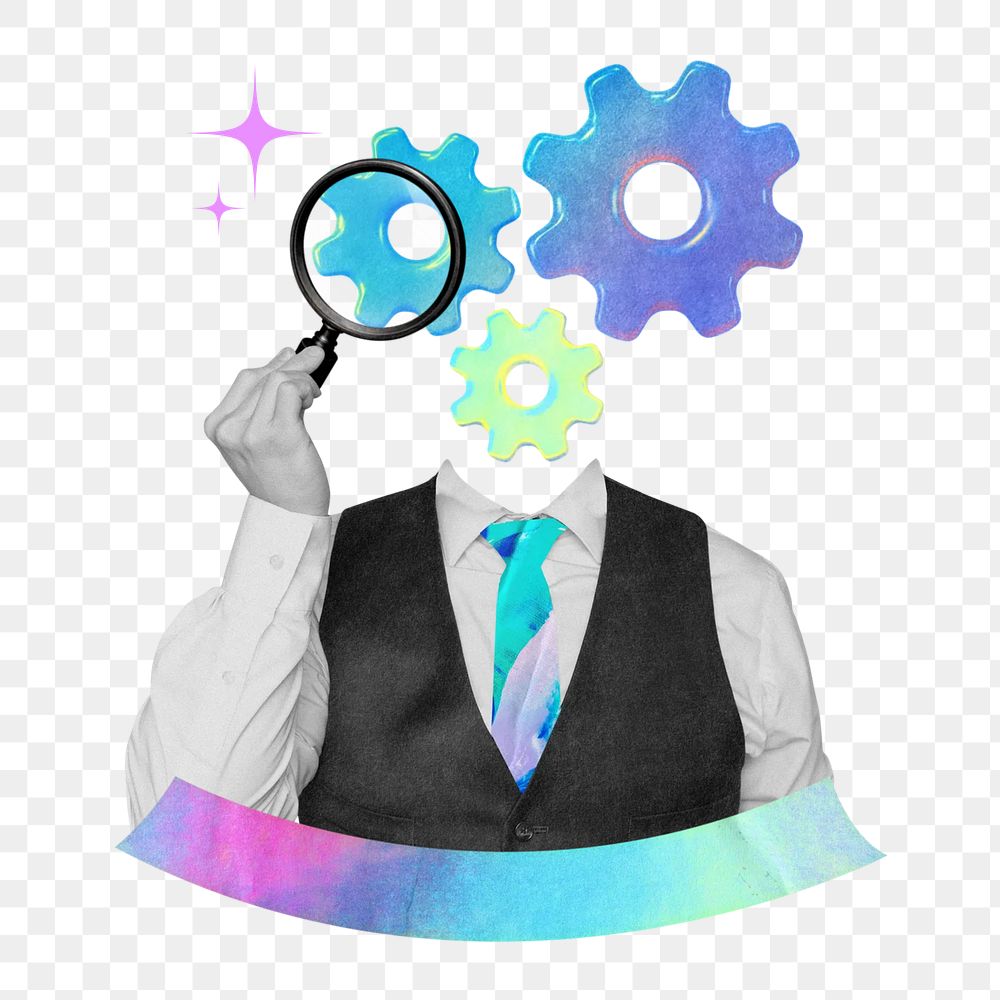 HR recruitment png cogwheel-head businessman collage remix, transparent background