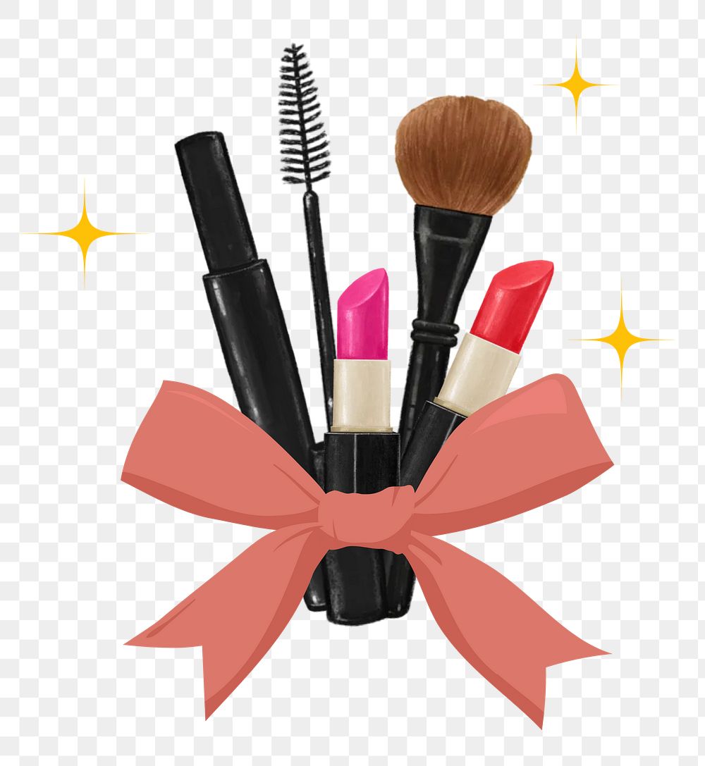 Makeup gift set png sticker, eyeshadow palette, mascara, brush illustration, transparent background