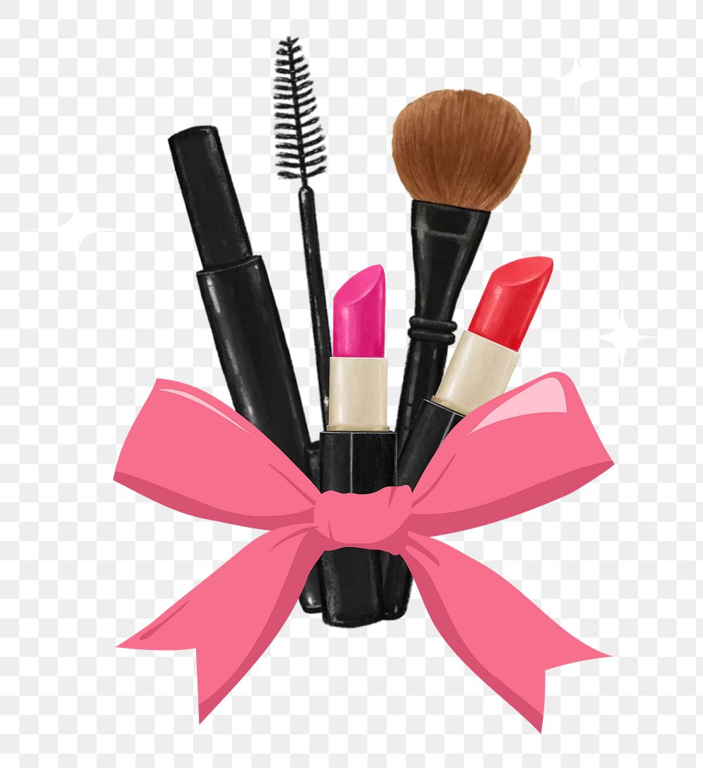 Makeup gift set png sticker, eyeshadow palette, mascara, brush illustration, transparent background