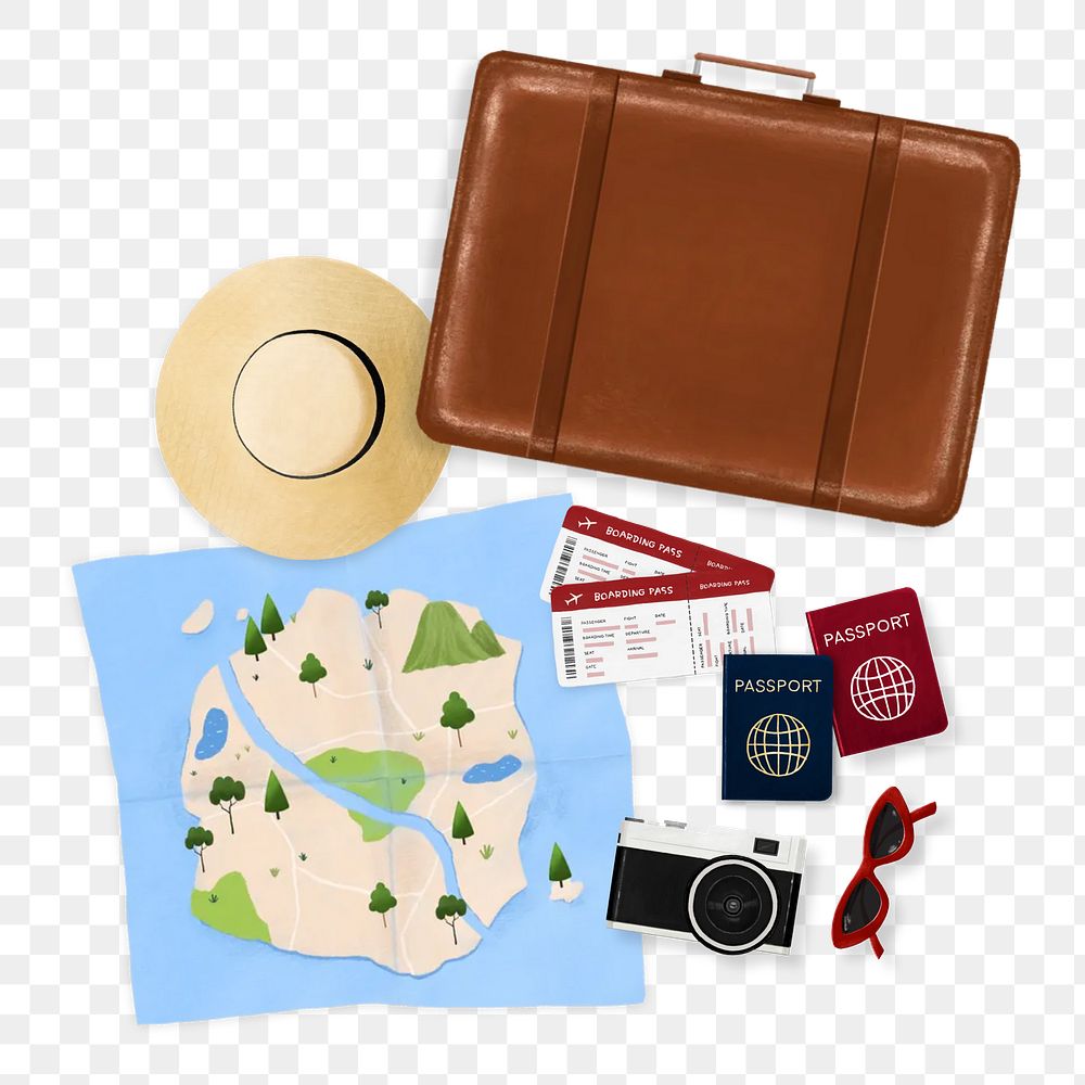 Travel aesthetic png remix, luggage, map and camera, transparent background