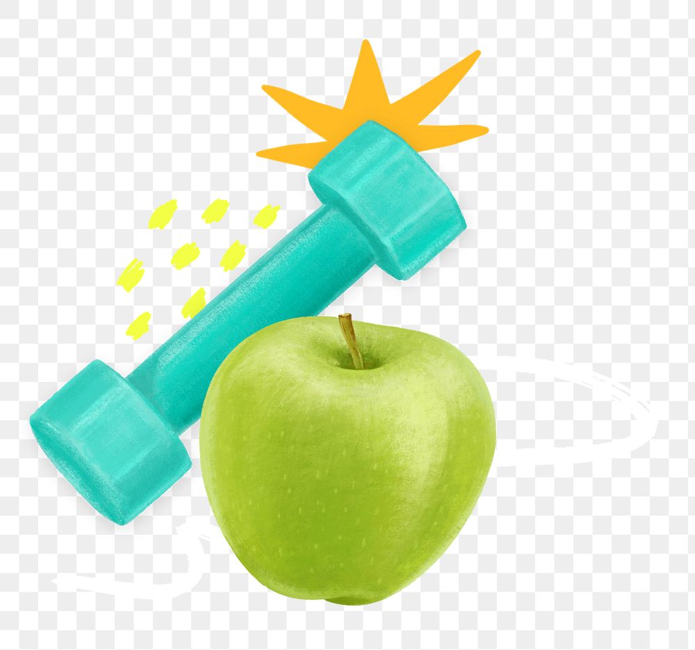 Dumbbell and apple png, healthy diet remix, transparent background