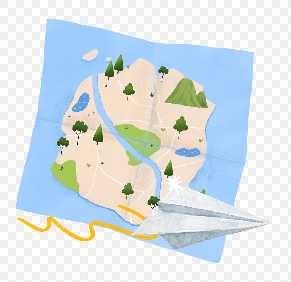 Travel aesthetic png remix, map and paper plane, transparent background