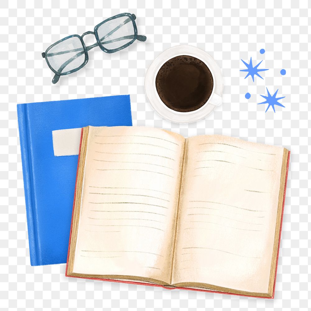 Book and coffee png, education remix, transparent background