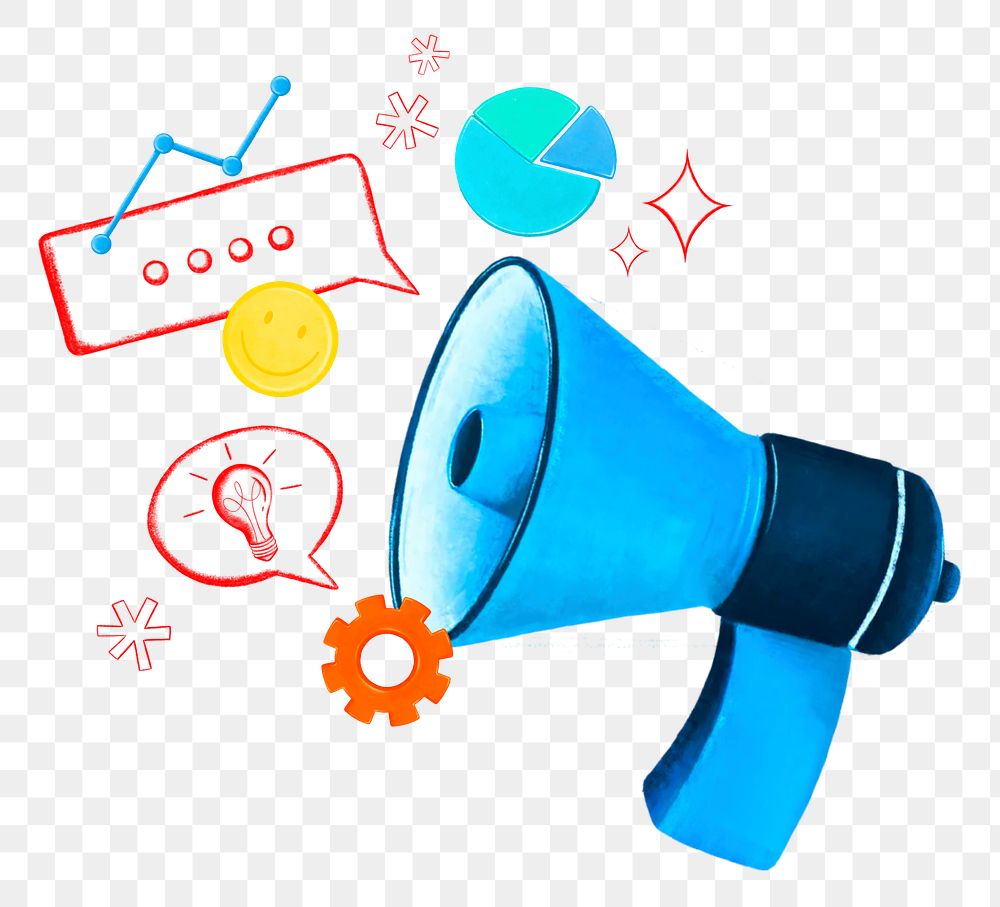Marketing tool png remix, blue megaphone illustration, transparent background