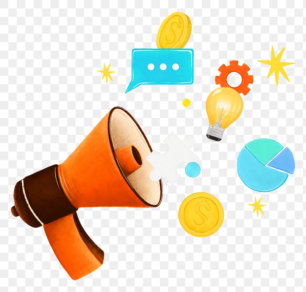 Marketing tool png remix, orange megaphone illustration, transparent background