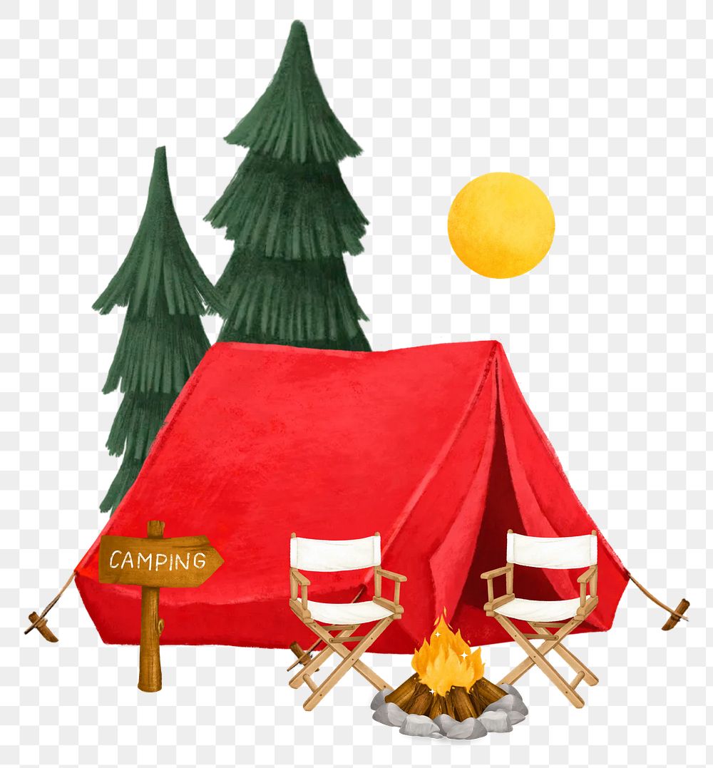 Camping site png aesthetic, tent, chairs and campfire remix, transparent background