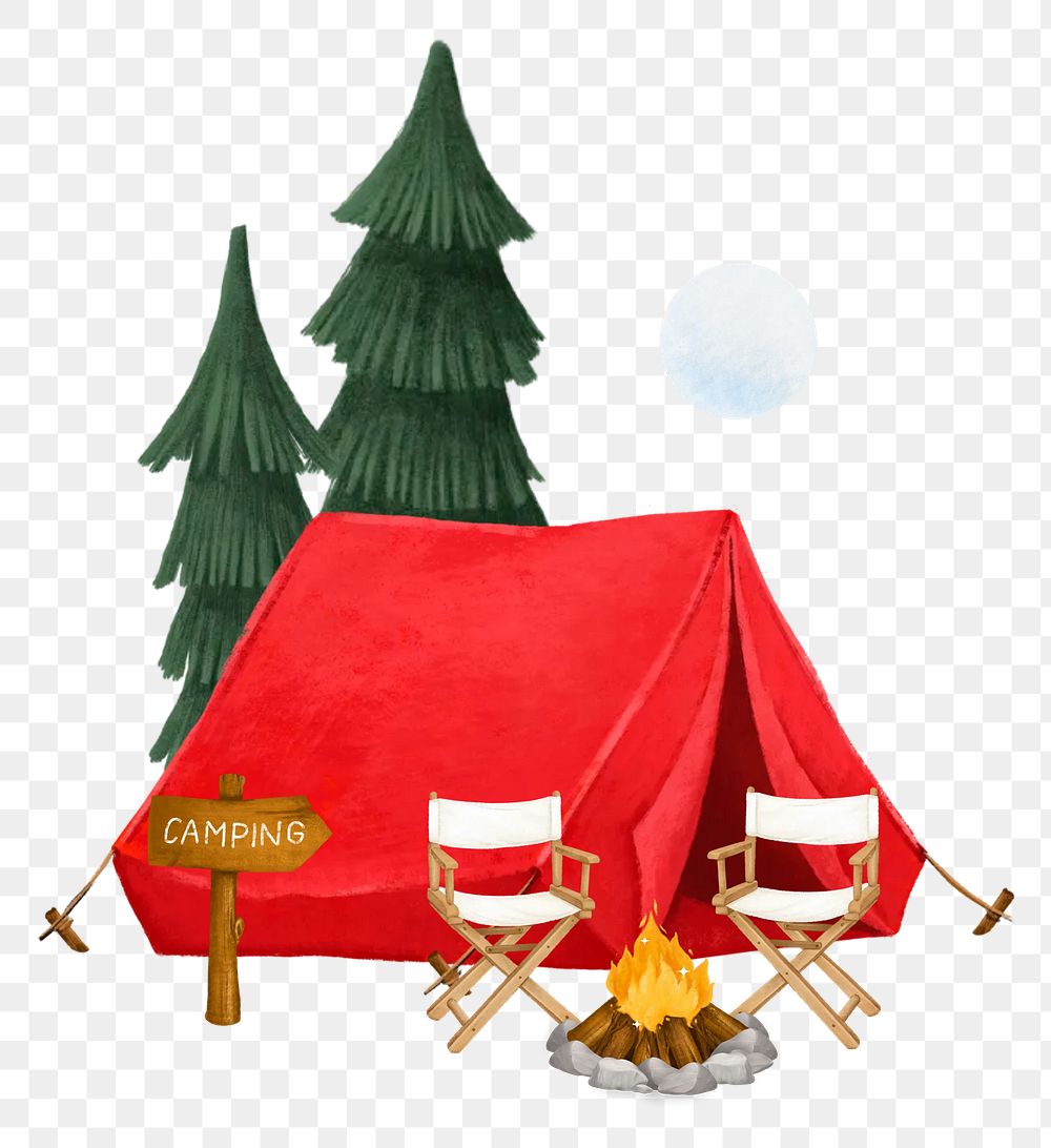 Camping site png aesthetic, tent, chairs and campfire remix, transparent background