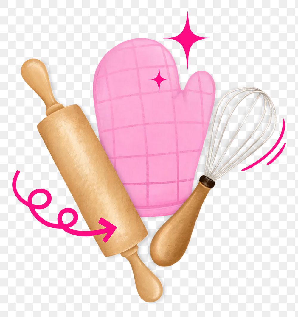 Baking tool aesthetic png, glove, rolling pin remix, transparent background