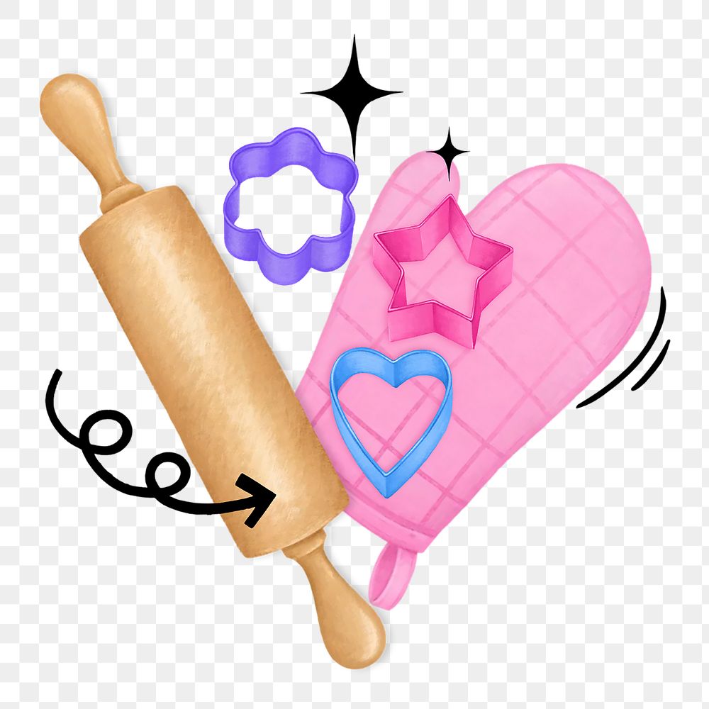 Baking tool aesthetic png, glove, rolling pin remix, transparent background