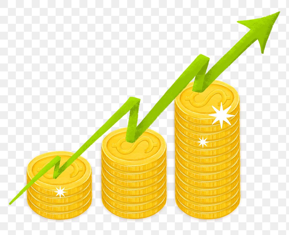 Stacked coins png upward arrow, revenue increase remix, transparent background