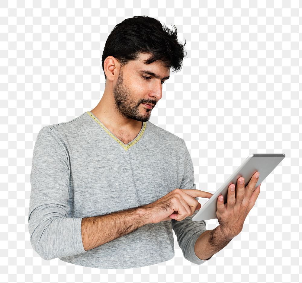 Png man using tablet, isolated collage element, transparent background