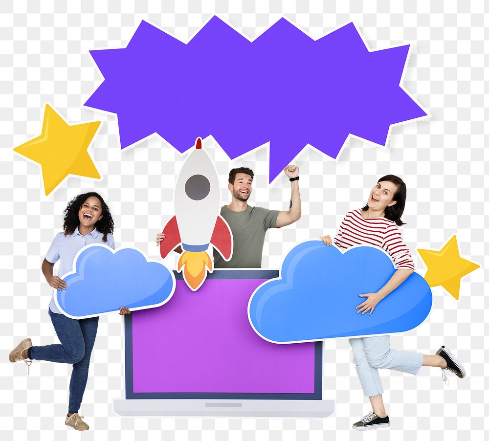 Png People holding cloud computing icons and a copy space, transparent background