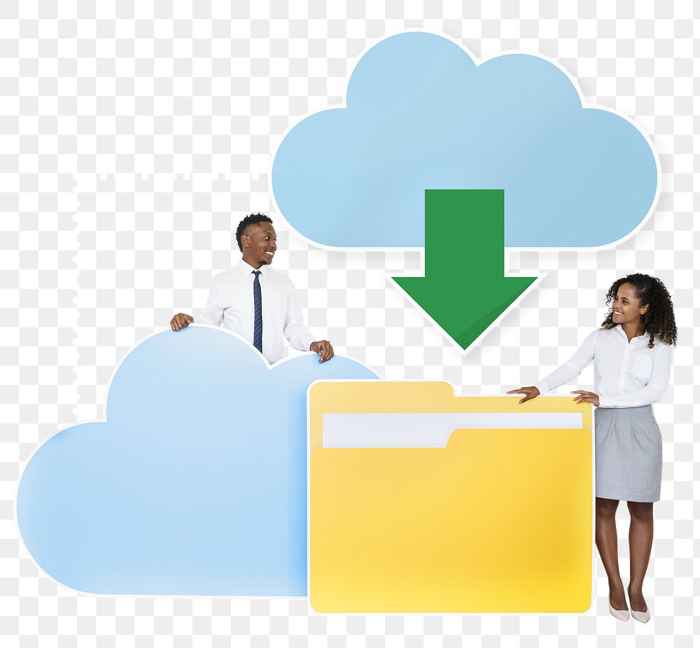 Png Business people downloading data from a cloud icon, transparent background