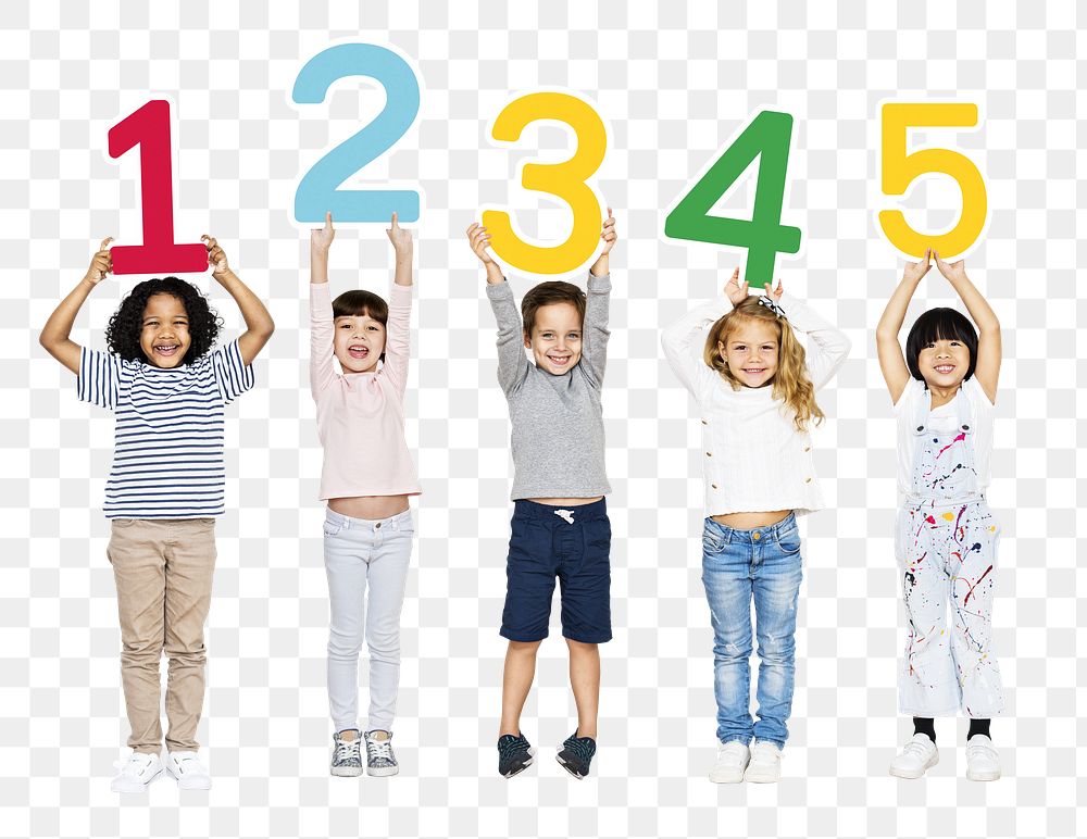 Diverse kids holding numbers png, transparent background