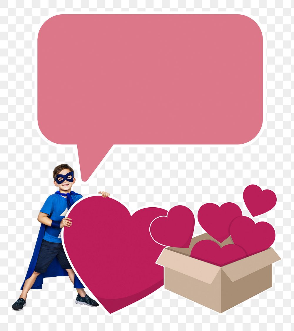 Superhero kid with hearts png, transparent background