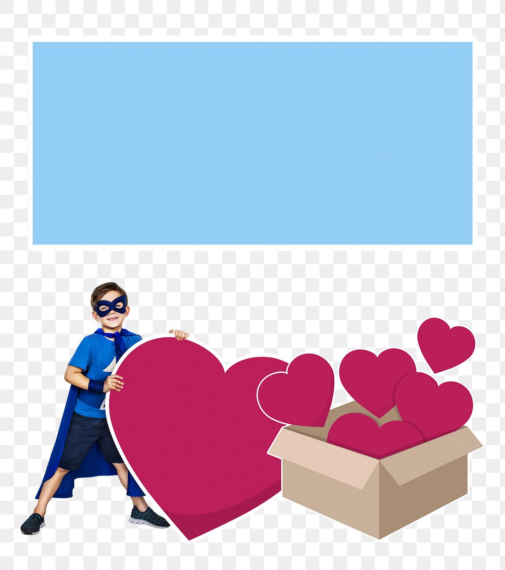 Superhero kid with hearts png, transparent background