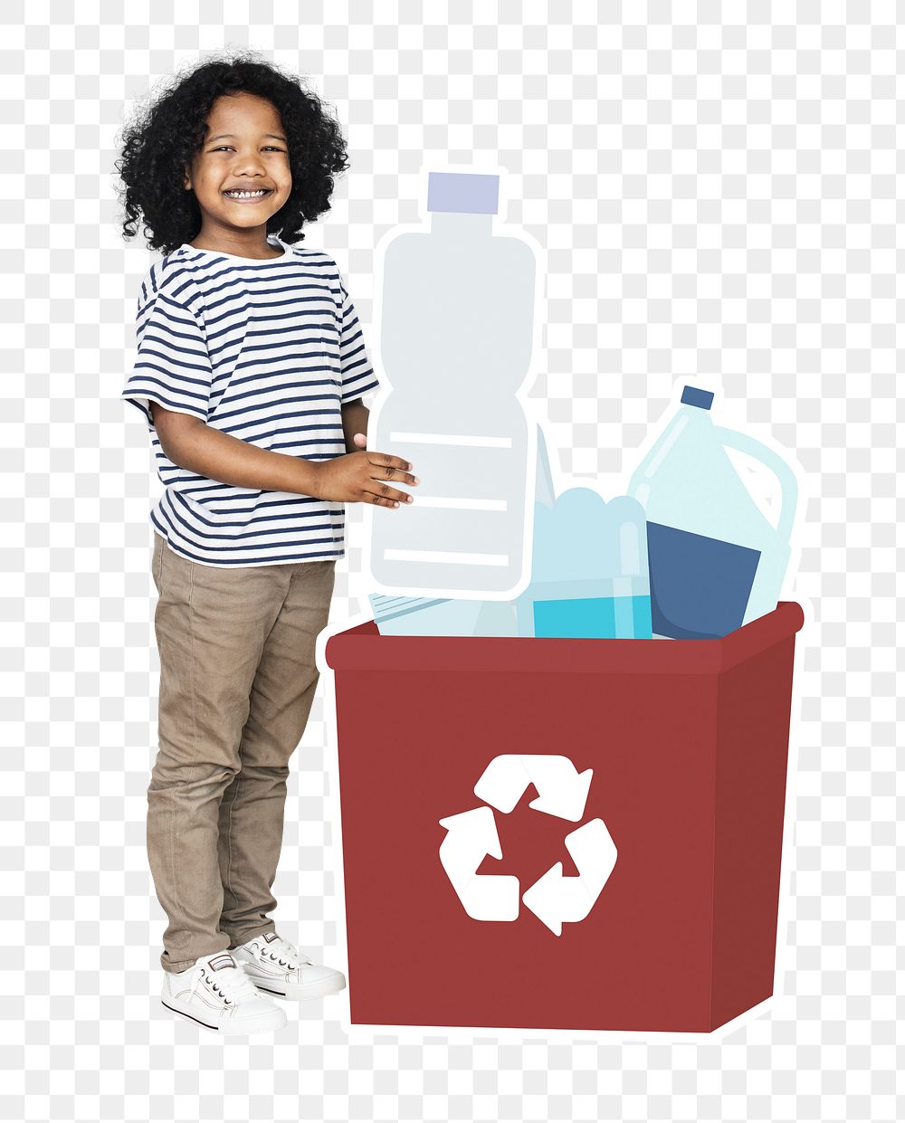 Boy recycling plastic bottles  png, transparent background