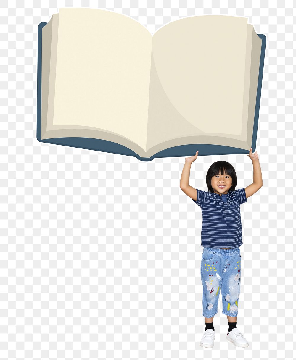 Empty book png energetic boy, transparent background