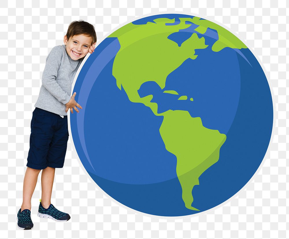 Boy hugging Earth png, transparent background