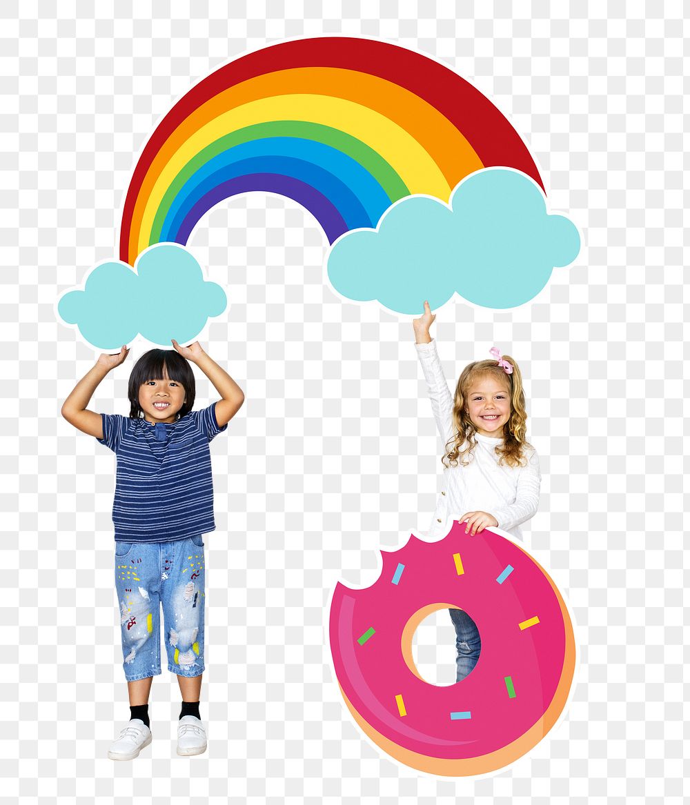 Kids with rainbow & donut png, transparent background