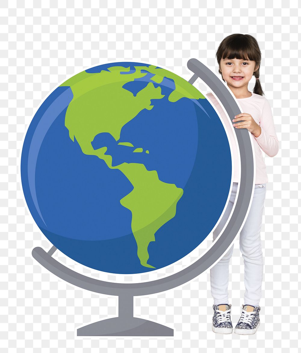 Happy girl with globe png, transparent background