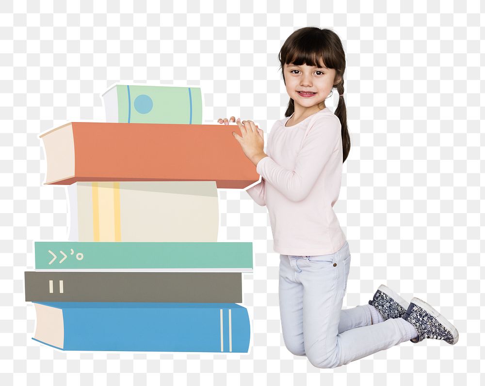 Pile of books png little girl, transparent background