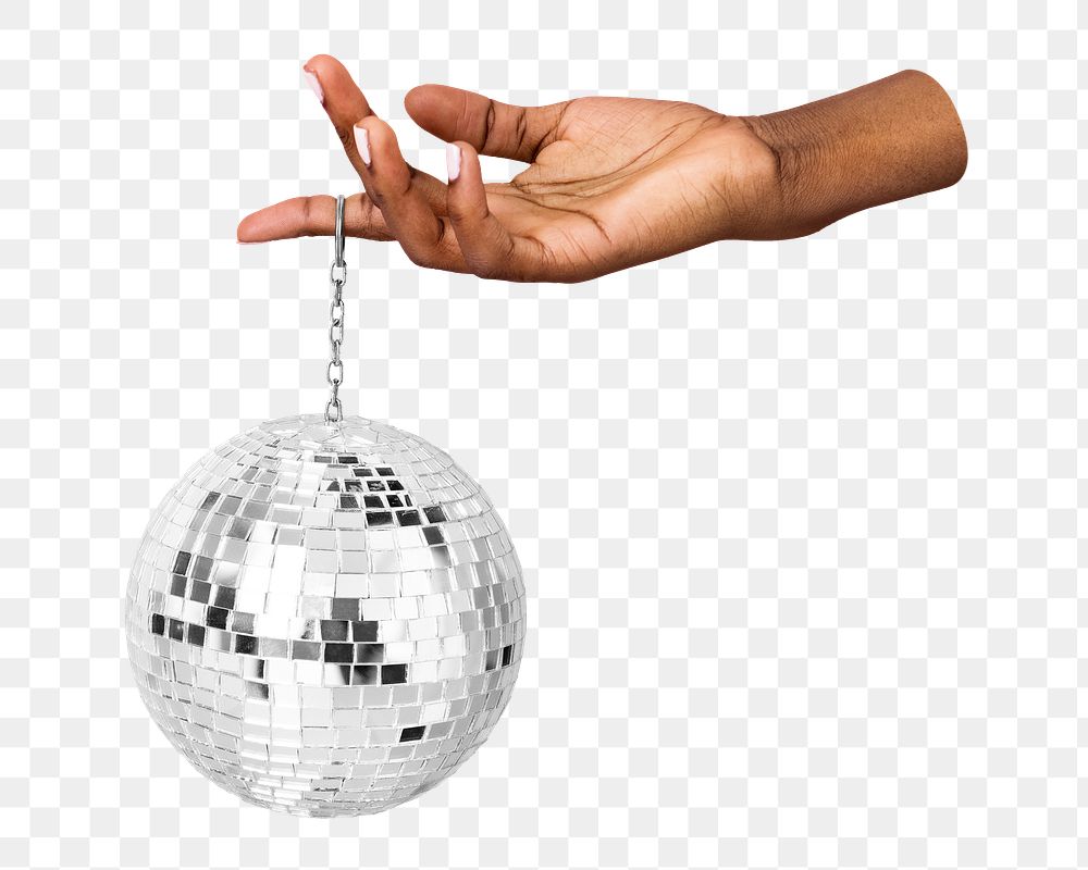 PNG Hand holding a silver disco ball collage element, transparent background