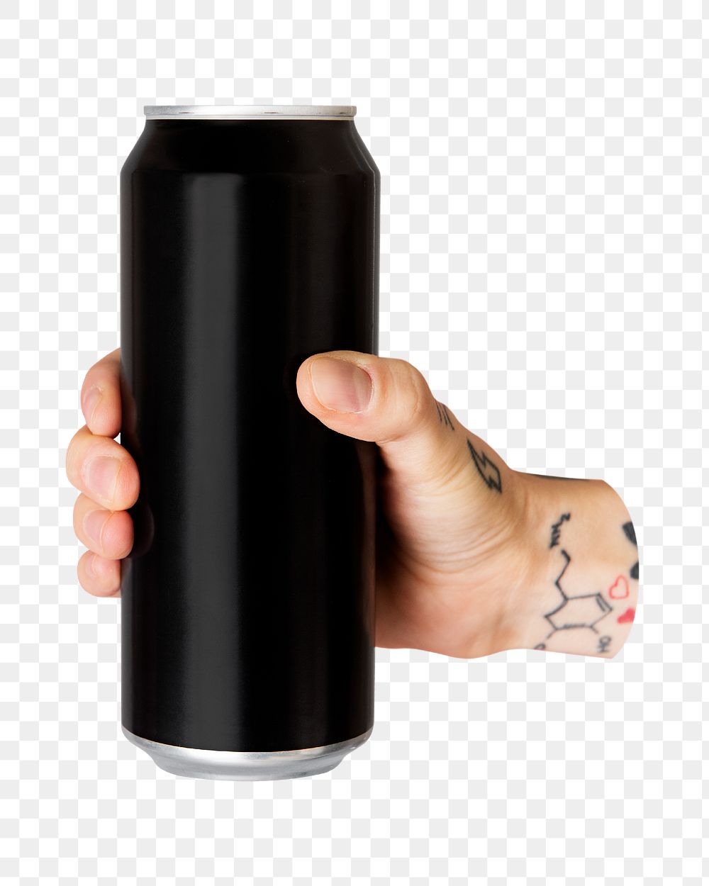 PNG Hand holding a black aluminum can, collage element, transparent background