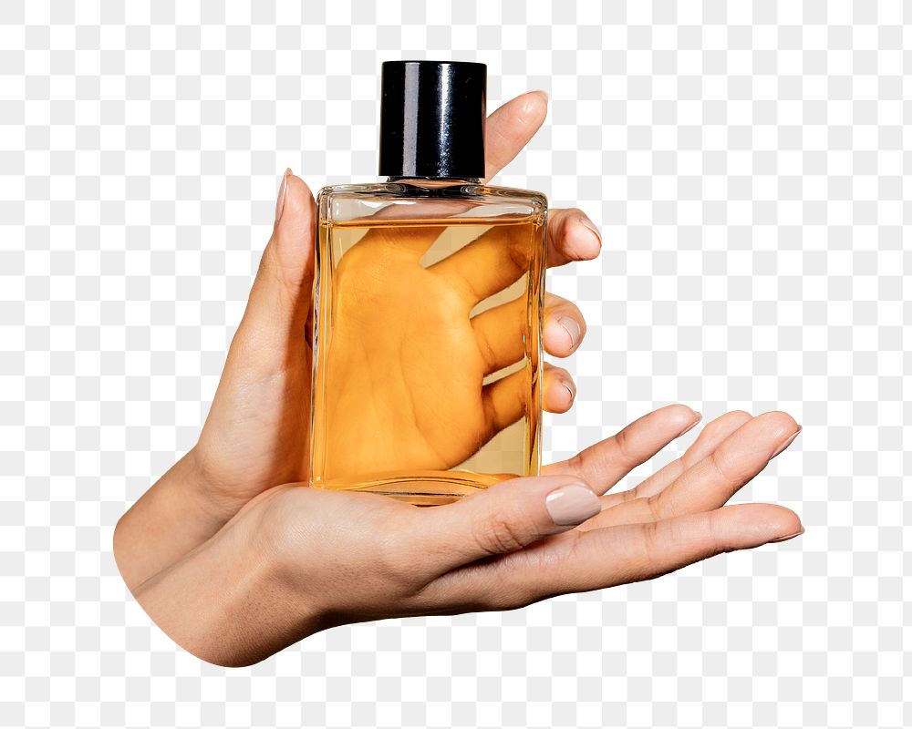 Png hands holding glass perfume bottle, transparent background