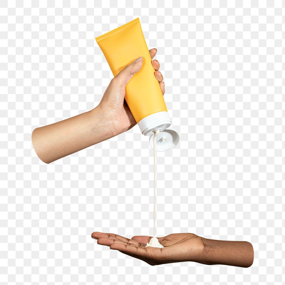 PNG Woman squeezing cream from a yellow tube, collage element, transparent background