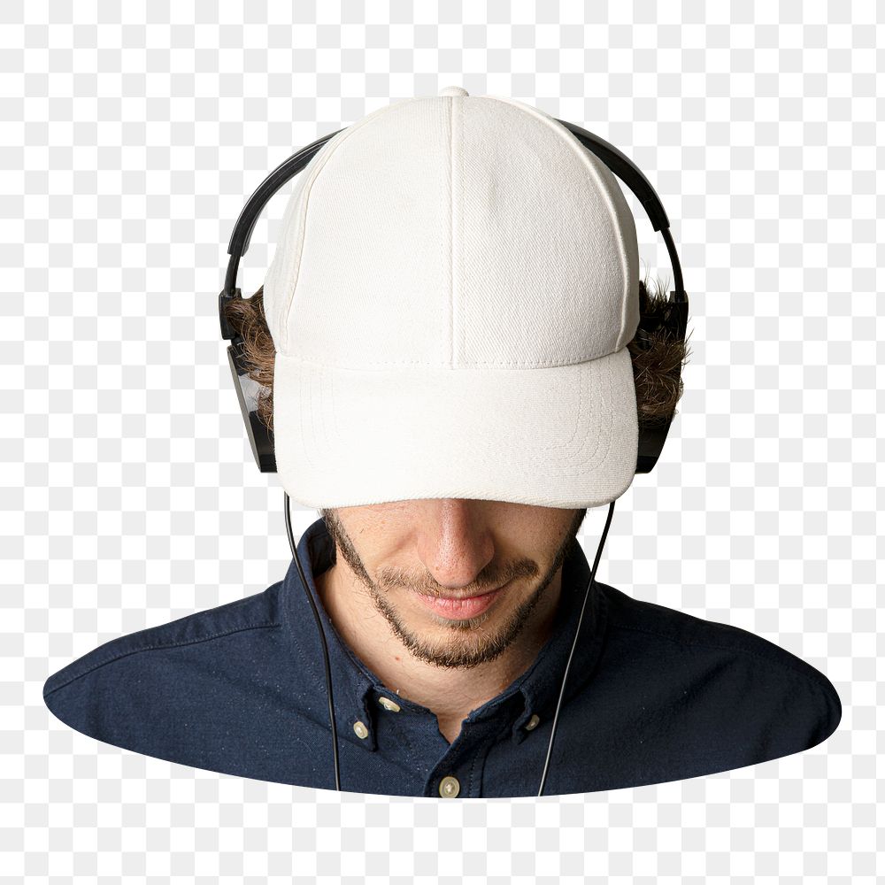 PNG Man with a white cap and headphones  , collage element, transparent background