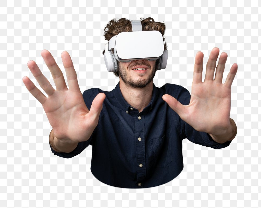 PNG Young man using a VR headset, collage element, transparent background