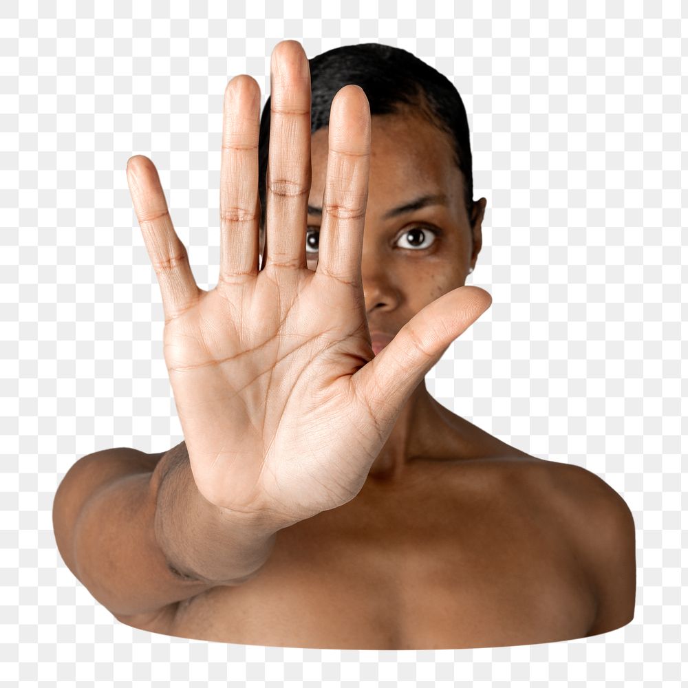 Png black woman stop gesture, isolated collage element, transparent background